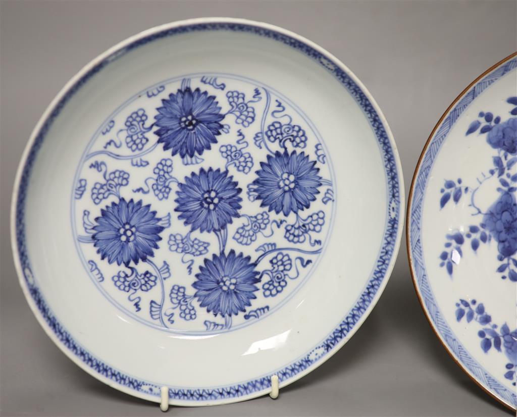 Two Chinese Kangxi blue and white dishes, one with Batavia cafe-au-lait glaze to the underside, diameter 22cm